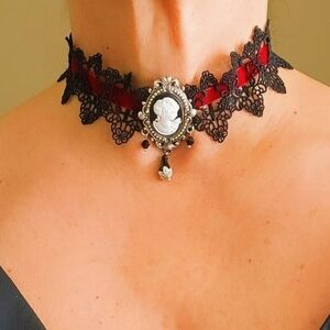 Black Lace & Red Velvet Cameo Choker with Teardrop Drop